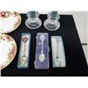 Image 2 : 2 Royal Albert Old Country Roses Saucers, 3 Collector Spoons and Pair of Candlesticks
