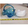 Image 1 : blue glass basket candy dish & milk glass hen on a nest
