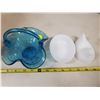 Image 2 : blue glass basket candy dish & milk glass hen on a nest
