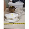 Image 1 : Noritake Imperial China Japan dish/ gravy boat, 2 etched glass candle holders, brass bowl