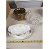 Image 2 : Noritake Imperial China Japan dish/ gravy boat, 2 etched glass candle holders, brass bowl