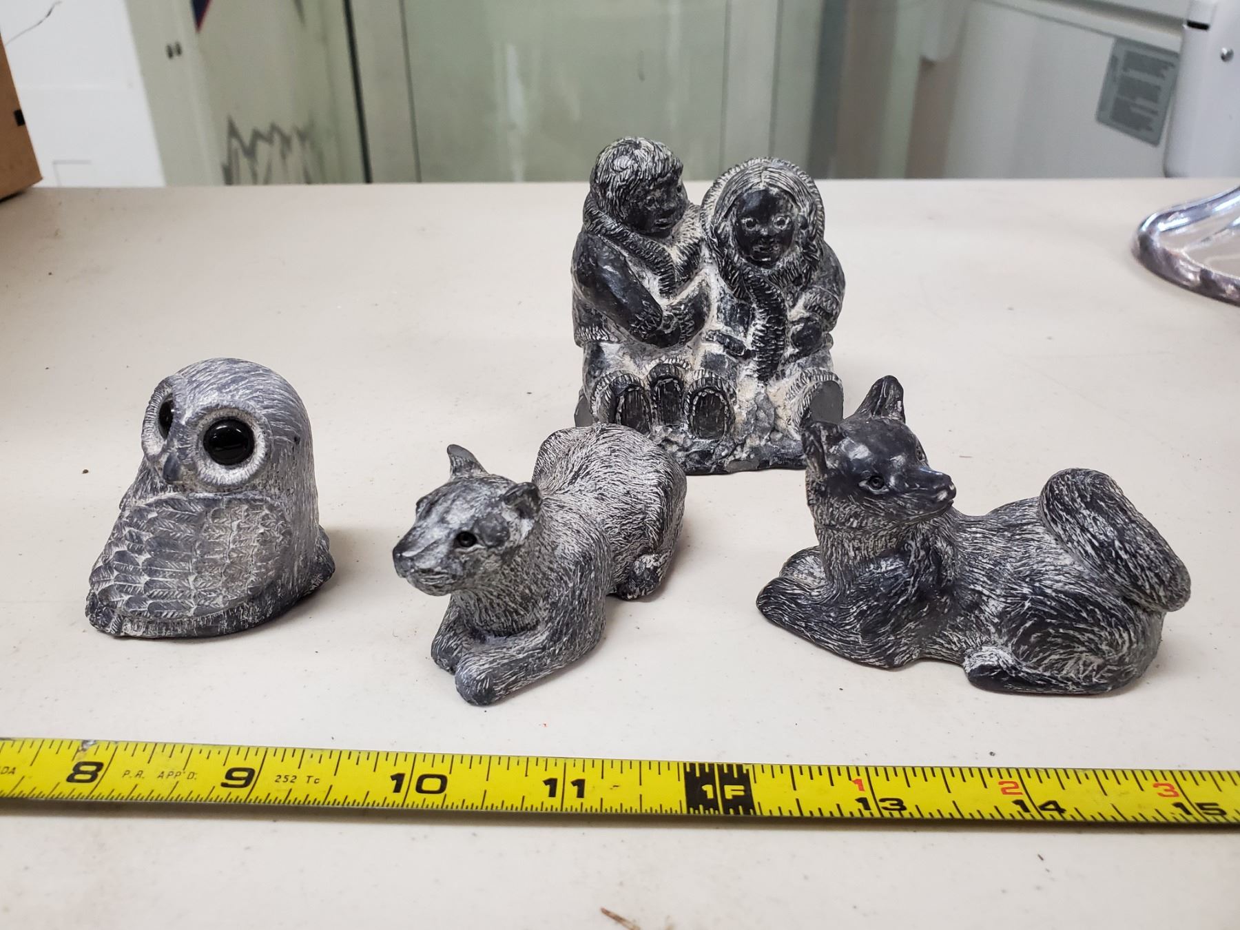 4 soapstone carvings owl, cat, fox & inuit couple