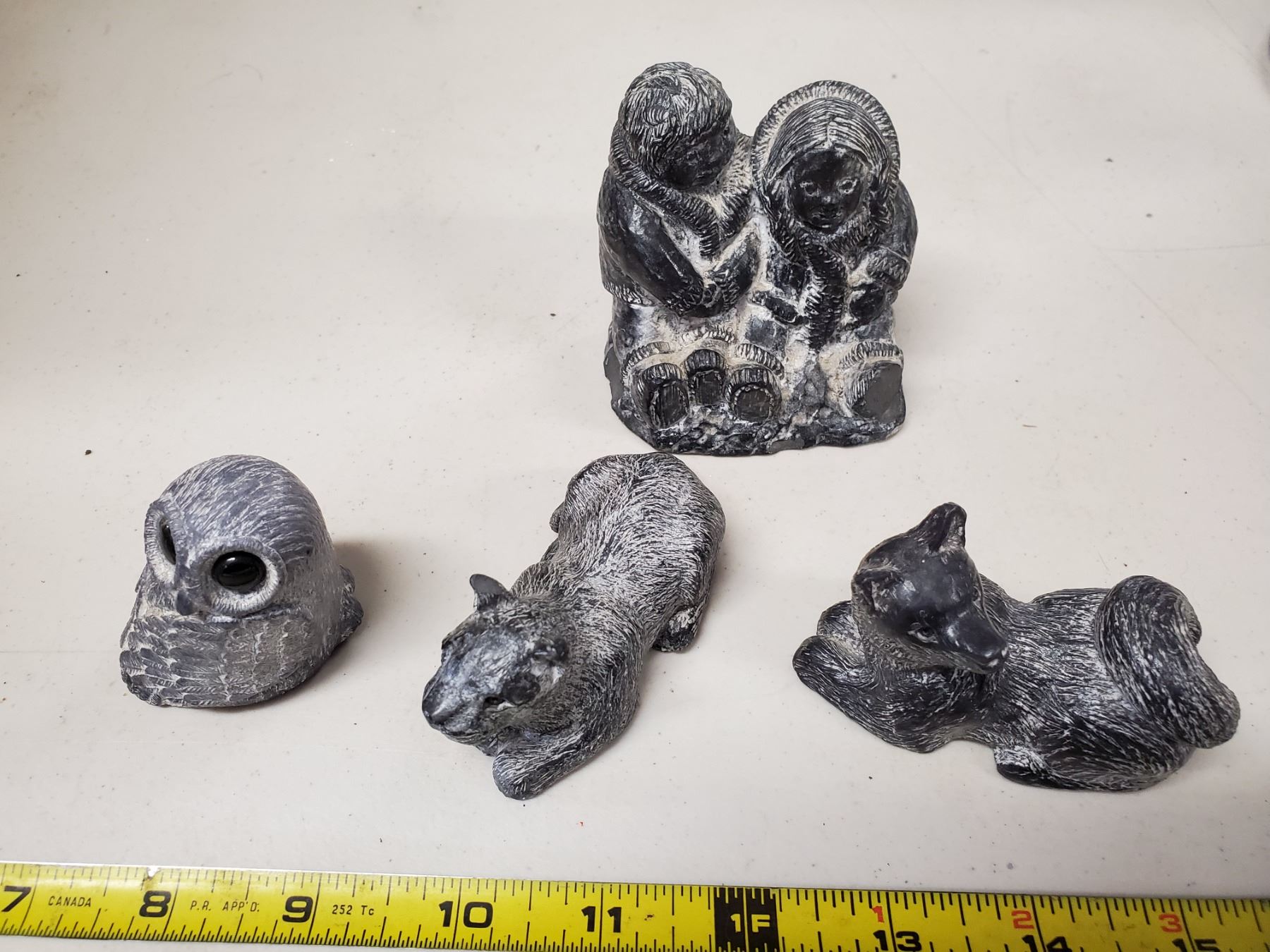 4 soapstone carvings owl, cat, fox & inuit couple