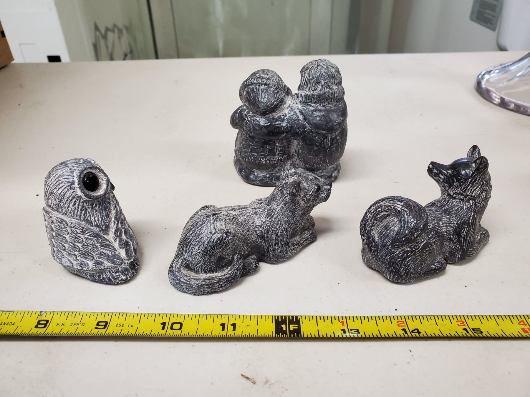 4 soapstone carvings owl, cat, fox & inuit couple