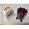Image 4 : Carnival glass toothpick holder, small porcelain clock with lily pattern