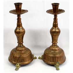 Vintage Copper Footed Candlestick Holders Claw Footed, measures 7x14"