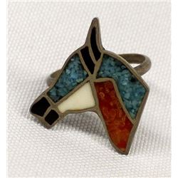 Vintage Navajo Sterling Chip Inlay Horse Ring