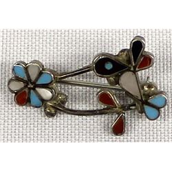 Zuni Sterling Inlay Hummingbird and Flower Pin