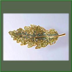 GREEN LEAF PIN BROOCH 24K GOLD SWAROVSKI CRYSTALS