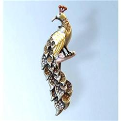 PEACOCK PIN BROOCH 24K GOLD & SWAROVSKI CRYSTALS