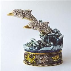 TWIN DOLPHINS 24K GOLD CRYSTAL JEWELRY BOX OCEAN 
