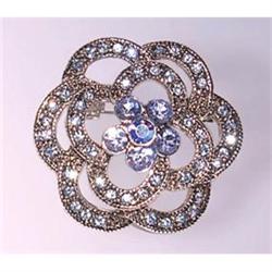 FLOWER PIN BROOCH 24K GOLD SWAROVSKI CRYSTAL BLUE
