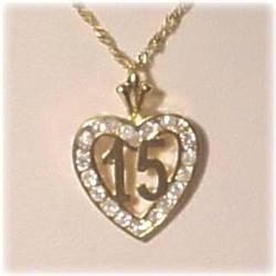 SOLID 14K GOLD & CZ 15 QUINCEANERA PENDANT 25mm2G