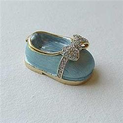 BLUE BABY SHOE KEEPSAKE BOX CRYSTAL BOW 24K GOLD