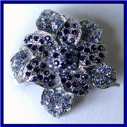 BLUE FLOWER PIN BROOCH ALL SWAROVSKI CRYSTAL GOLD