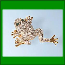 WHITE SWAROVSKI CRYSTALS FROG PIN BROOCH 24K GOLD