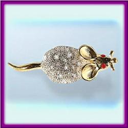 MOUSE PIN BROOCH 24K GOLD SWAROVSKI CRYSTAL WHITE