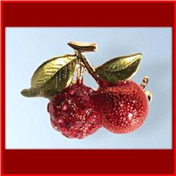 CHERRY PIN BROOCH 24K GOLD SWAROVSKI CRYSTALS