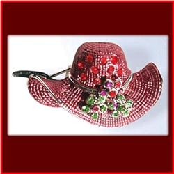 RED HAT PIN BROOCH 24K GOLD & SWAROVSKI CRYSTALS