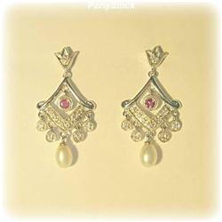 14K Gold Diamonds Pink Sapphire Dangle Earrings