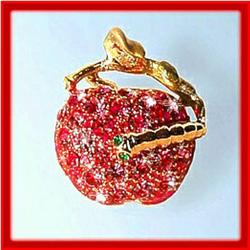 APPLE WORM PIN BROOCH 24K GOLD SWAROVSKI CRYSTALS