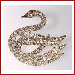 SWAN PIN BROOCH 24K GOLD SWAROVSKI CRYSTAL SILVER