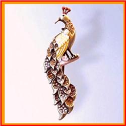 PEACOCK PIN BROOCH 24K GOLD & SWAROVSKI CRYSTALS