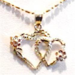 NEW SOLID 14K GOLD TWO HEARTS ROSE FLOWER PENDANT