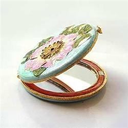 PINK COMPACT FLOWER MIRROR GOLD SWAROVSKI CRYSTAL