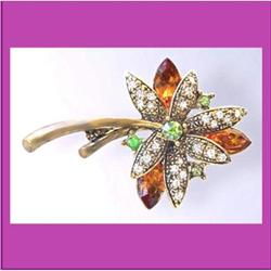 AMBER FLOWER PIN SWAROVSKI CRYSTAL GOLD