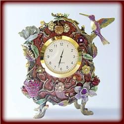 GOLD SWAROVSKI CRYSTALS HUMMINGBIRD FLOWERS CLOCK