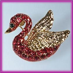 RED SWAN PIN BROOCH 24K GOLD SWAROVSKI CRYSTALS