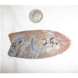 Clovis Arrowpoint  Arrowhead  3 1/8" L  Blue Agate in reddish-brown flint