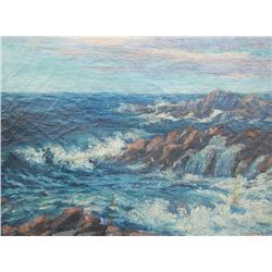 Louis Jensen (American, 19th/20th Century), Waves Crashing on Rocky Shore