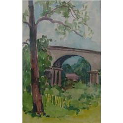 Mildred Valley Thornton, FRSA (1890-1967), The Viaduct; Red-Roofed Building in Treed Setting