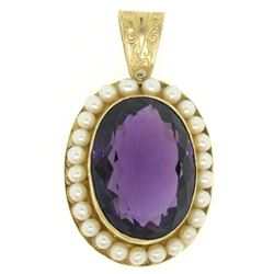 Vintage 14kt Yellow Gold Oval Amethyst and Pearl Halo Pendant