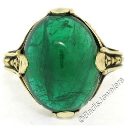 14K Yellow Gold 10.03 ctw GIA Oval Cabochon VERY Fine Green Emerald Ring