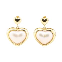 Heart Shaped Mother of Pearl Dangle Earrings - 14KT Yellow Gold