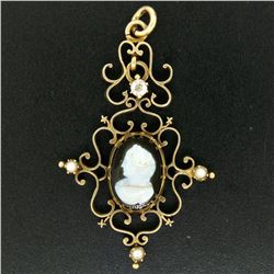 Antique Victorian 14kt Yellow Gold Cameo and Diamond Open Work Locket Pendant