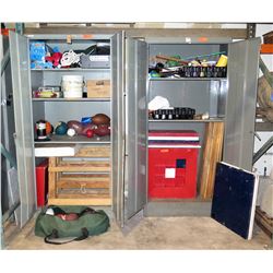 Qty 2 - Metal Cabinets with Contents.   Balls, Tic tac toe games and Hoopla bases.