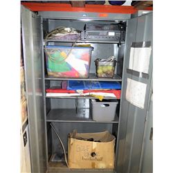 Metal Cabinet with all contents as pictured.   Misc items and some birdie balls.