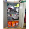 Image 1 : Metal Cabinet with all contents as pictured.   Misc items, carnival game parts, balls, cans, bottles