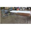 Image 1 : Qty 1 - 8' folding table, Qty 1 - 4 foot brown table, Qty - 3 office chairs