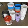 Image 1 : Qty 34 - Buckets.   Plastic 5 gal and 2 gal buckets.   Mixed tops.  Most tops have holes in them for