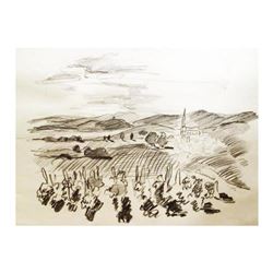 Wayne Ensrud "Vineyards Near Fleurie, Beaujolais" Pencil Original Artwork; Hand Signed; COA