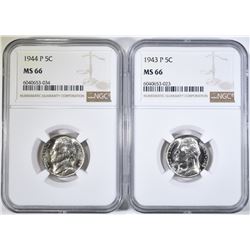 1943-P & 44-P SILVER JEFFERSON NICKELS NGC MS-66