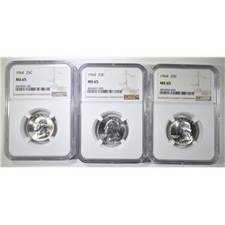3-1964 WASHINGTON QUARTERS NGC MS-65