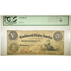 1861 $5 CONFEDERATE NOTE PCGS FINE 15 T-32