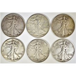 6 WALKING LIBERTY HALF DOLLARS MOSTLY VF-XF