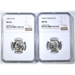 1942-P & 43-P SILVER JEFFERSON NICKELS, NGC MS-66